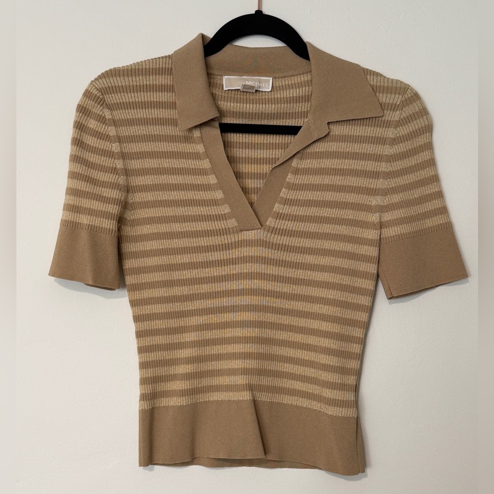 Michael Kors Women’s Striped Gold Knit Polo Shirt Size S